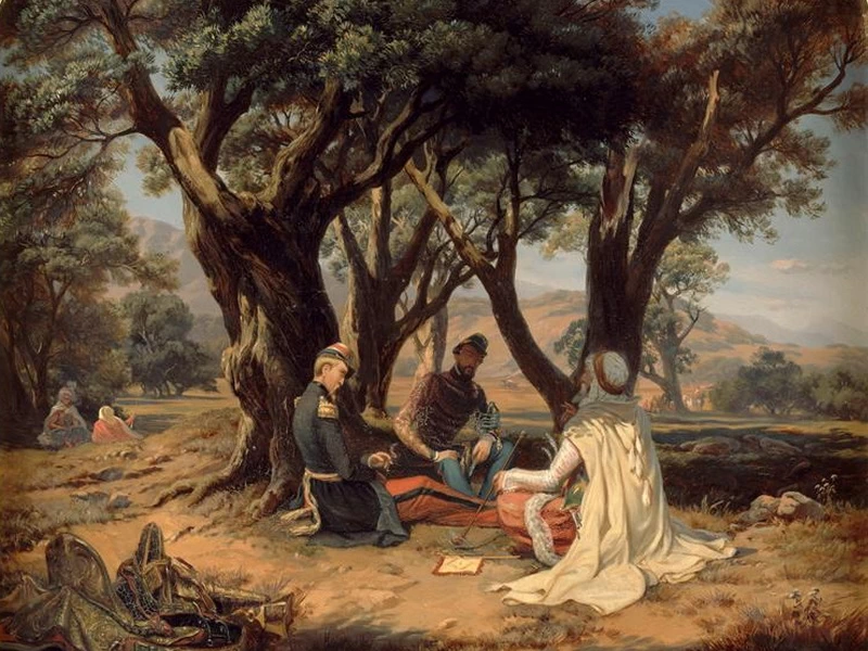 1807-Pierre-Antoine Labouchère - Il duca d'Aumale seduto nel Bois des Oliviers con il comandante Durrieu e Agha Chourar - Museo Condé, Chantilly